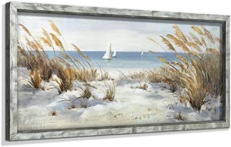 Coastal Framed Wooden Wall Art: Beach Oil Painting Style Seaside Pictures Seascape Art Prints Sand Dunes & Sailboat Artwork for Bathroom 24"x12"