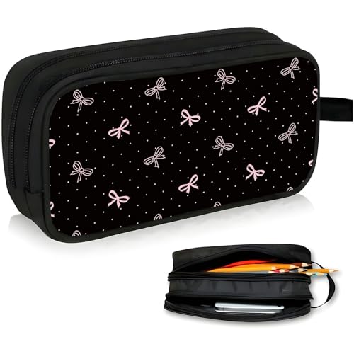 Image of WOBAGMEN Double Layer Pencil Case with Handle Large Pencil Bag Cute Print Pencil Pouch for Boys Girls (pink bow polka dots)
