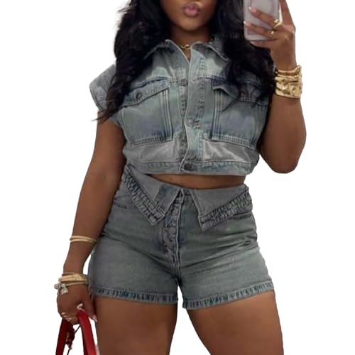 Molilove Women's Denim 2 Piece Outfits Button Down Crop Jacket and Shorts Set Summer Sexy Jeans Tracksuits