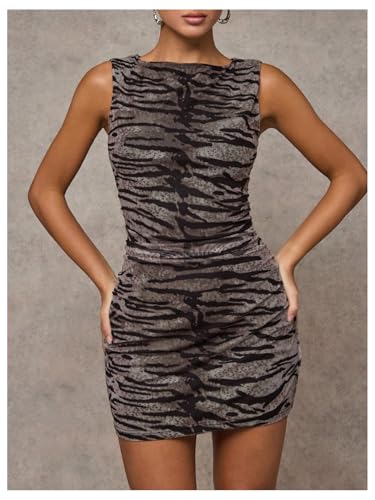 SOLY HUX Women's Bodycon Mini Dress Y2k Animal Print Crewneck Sleeveless Ruched Party Club Dresses3