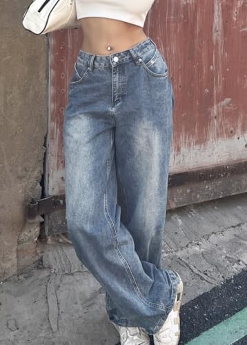 EMMIOL Women Baggy Jeans Patchwork Mid-Low Waist Wide Leg Jeans Boyfriends Pants 90s Loose Denim Pants4