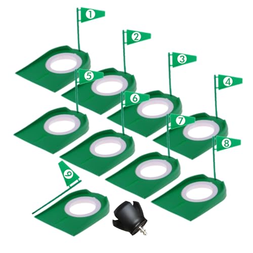 Shu-Ran 9 Pack Putting Cups With Flags, Plastic Golf Training Aids With Ball Retriever, Putting Hole Set for Indoor Outdoor Office Backyard Garage, Dark Green