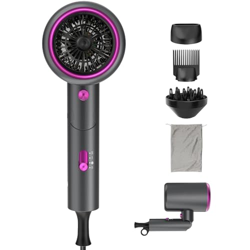 Oxsaytee 2400W Foldable Mini Travel Hair Dryer Hair Blow Dryer with Diffuser Ionic Hair Dryer With Storage Bag & Bracket Bow Dryer for Curly Hair Fast Drying For Home Salon Travel (Gray)