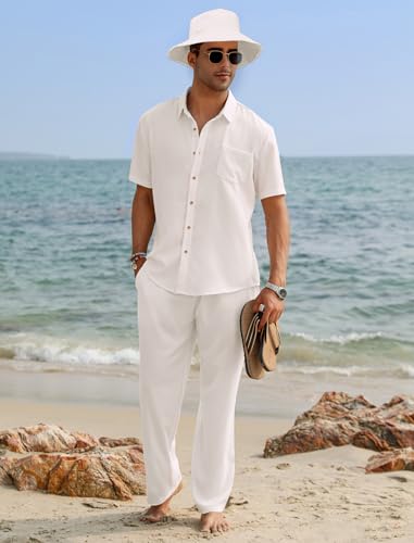 EISHOPEER Men's Linen Sets 3 Pieces Casual Button Down Cotton Linen Shirt and Long Pants Set Beach Outfits with Hats S-3XL2