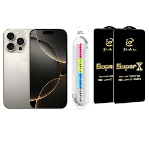 Image of Edge To Edge Tempered Glass Screen Protector Compatible With iPhone 16 Pro, 9H Hardness, Anti-Fingerprint, FHD Clear With Cable Protector Pack 2