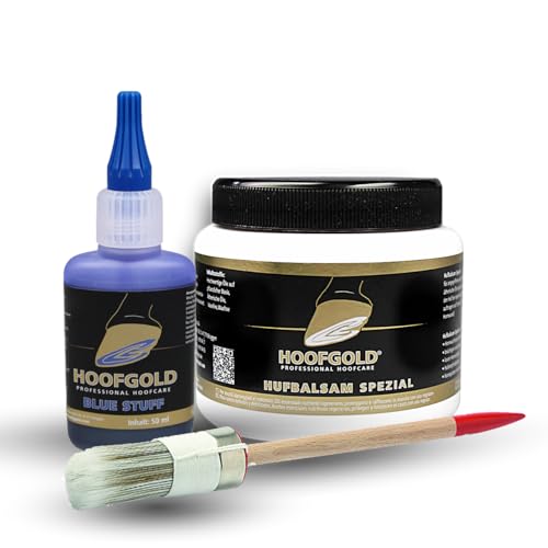 HOOFGOLD Set Hufbalsam Spezial & BlueStuff Strahlfäule Pferd Mittel Huffett & Hufpflege gegen Hufspalten trockene Hufe Hufrisse 500 ml Balsam & 50 ml BlueStuff