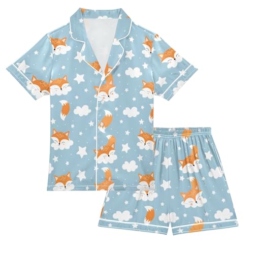 Fox White Clouds Pattern Summer Satin Pajama Set, Cute Button-Down Sleepwear Pj Set for Sleep Wears