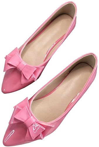 INEELUYI Women's Patent Leather Pointy Toe Slip on Ballets Flats Candy Color Bowtie Bowknot Flats Shoes