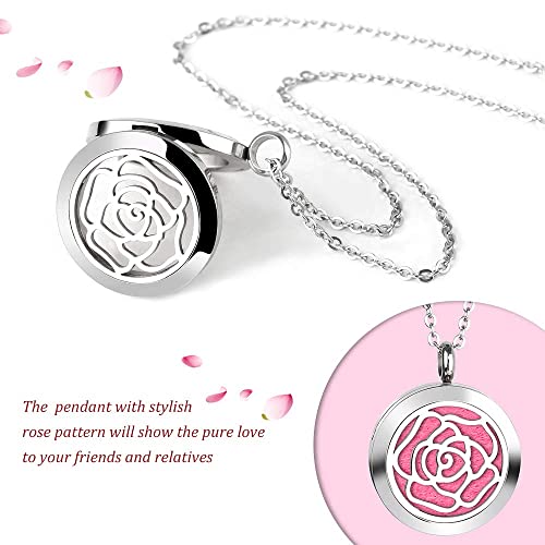 Aromatherapy Essential Oil Diffuser Necklace With Rose Pattern - 25Mm Adjustable 316L Stainless Steel Perfume Pendant Locket With 11 Color Refill Pads #TOP7