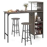 COSTWAY 3 Pieces Bar Table and Chair Set, Industrial Pub Table & Stools with Wine Glass Holders & 6-Bottle Wine Racks, Counter Height Dining Table Set for Living Room Dining Room Kitchen (Oak Gray)