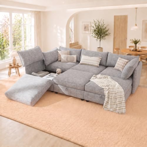 Image of 95.5 inch 6 Seat Modular Sectional Sleeper Sofa, Chenille Modern Modular Sofa Bed Hidden Storage, Convertible L&U Shaped Sleeper Couch with Ottoman, Couches for Living Room, Gray