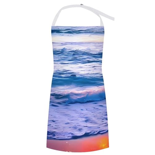 QMNLKH Adjustable Bib Aprons Beach Sunset Ocean Waves Kitchen Cooking BBQ Pinafore with Pockets Waterproof for Chef Adult Home Work