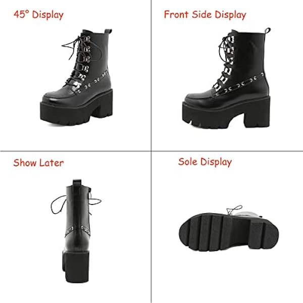 Dames dikke hoge hakken veter rond teen zwart platform laarsjes punk laarzen ritssluitingen laarzen