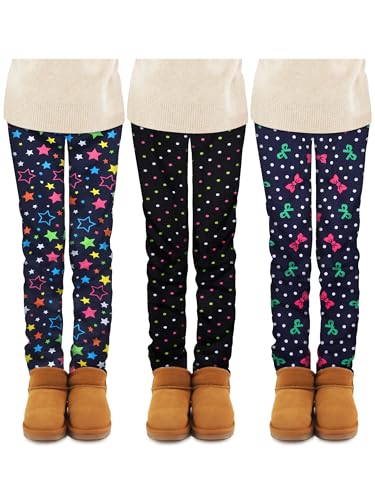 TODDOR 3 Pack Girls Printed Fleece Lined Leggings Thick Thermal Tights Warm Ankle Length Pants Winter Clothes for Kids