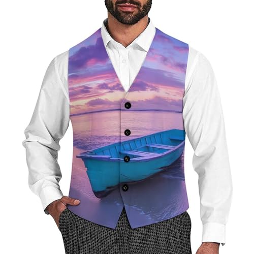 Hawaii Sunset Boat Landscape Men's Suit Vests Business Formal Dress Vest V-Neck Waistcoat for Wedding Casual