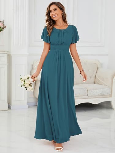 Image of Ever-Pretty Women's Spring Elegant Round Neck Short Sleeve Chiffon Empire Waist Floor Length Formal Dresses Bridesmaid Dress
