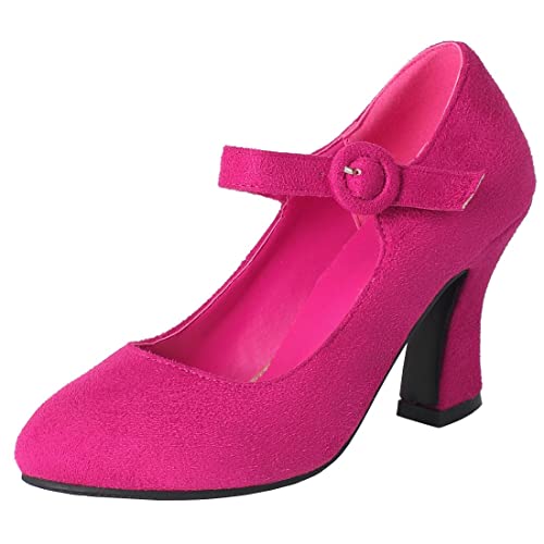 AIMODOR Womens Round Toe Mary Jane High Heels Ankle Strap Dress Pumps