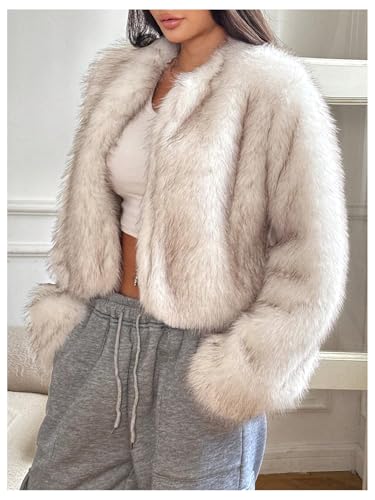 WDIRARA Women's Faux Fur Coat Open Front Long Sleeve Cropped Jacket Fuzzy Outerwear2