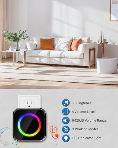 Funkklingel Aussen Wasserdicht, 400m Reichweite Kabellose Türklingel Funk Set mit 2 Plug-In-Empfänger und 1 Sender,Haustürklingel mit LED-Blitz, 4 Lautstärkestufen, 63 Melodien – Bild 3
