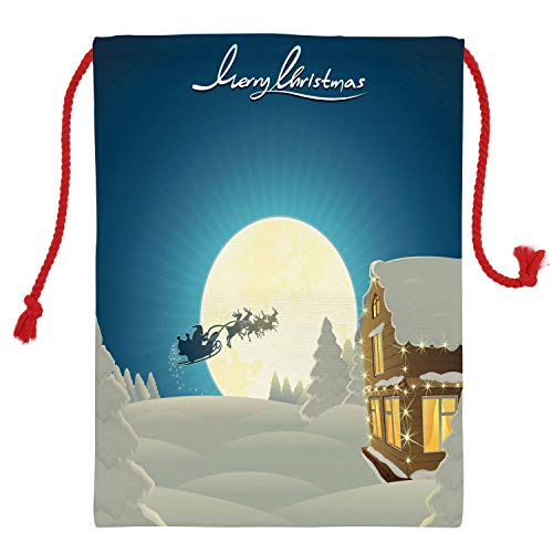 Lunarable Christmas Christmas Gift Sack, Santa on His Sled Winter with Merry Christmas Lettering, Santa Sack Bag Canvas Fabric for Gifts and Storage, 19.8" X 25.9", Night Blue White