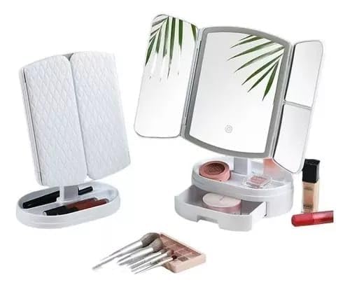 Multi-Purpose Foldable LED Makeup Mirror with Drawer Smart Touch Dimmer Vanity Cosmetics 2X/3X Magnifying Desktop Mirror-image-35