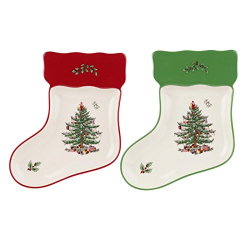 Spode Christmas Tree Stocking Dishes (Set of 2) - Red & Green Serving Platters, Candy Trinket Tray, 7" Fine Earthenware Plates, Dishwasher Safe Holiday Tableware for Seasonal Gatherings