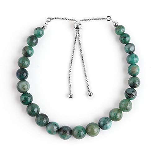 Natural Emerald Gemstone Beads Bolo Bracelet, 925 Sterling Silver, Rhodium Plated, May Birthstone, Chakra Healing Crystals, Adjustable Slider, Women Jewelry, Christmas Gift, Size 10 Inch #TOP30