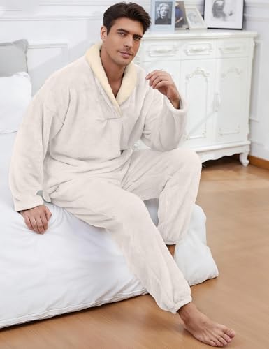 Image of Mens Fluffy Coral Fleece Pajamas Set Pullover Pants Loose Plush Warm Loungewear Sleepwear