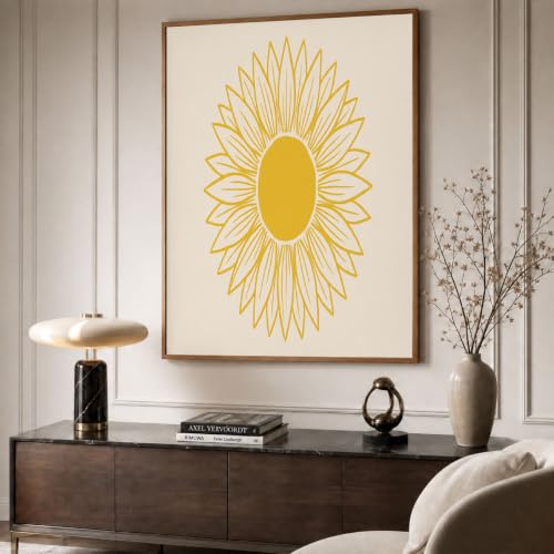 Lienzo de girasol minimalista beige de 70x100cm que aporta calidez a comedores y salones modernos