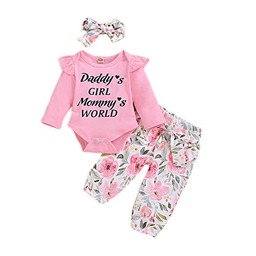 Newborn Baby Girls Ruffle Romper Letter Bodysuit Sunflower Pants Headband Clothes Set (Pink, 70/Fit 0-6 M)
