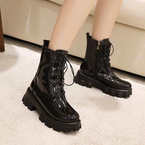Women's Goth Lace Up Chunky High Heel Combat Boots Patent Round Toe Side Zipper Platform Lug Sole Motorcycle Rider Ankle Booties3
