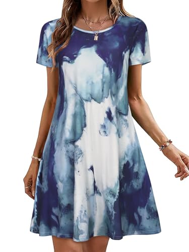 Women's Casual Dresses Short Sleeve Cotton Summer Simple Loose Sun Dress with Pockets(Blue Tie Dye, L)