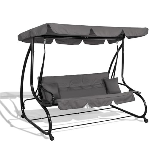 SPRINGOS Balancelle de Jardin 4 Places 220 x 162 cm avec 2 Coussins, Porte-Gobelet et Toit Réglable – Balançoire de Jardin Confortable en Acier pour...