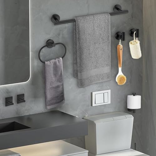 Juego de accesorios de baño de 7 piezas, toallero negro, accesorio de baño de acero inoxidable SUS304, incluye toallero negro, soporte para rollo de papel higiénico, anillo de toalla y ganchos de - imagen 7