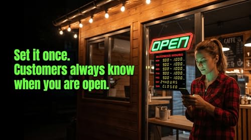 Image of LED Open Sign for Business with Programmable Business Hours - Green Light Innovations Bluetooth App, 4,000+ Color Combos, Flash /Scroll /Neon Modes, 100,000-Hr LEDs, 3-Year Warranty, 15x16.5 in