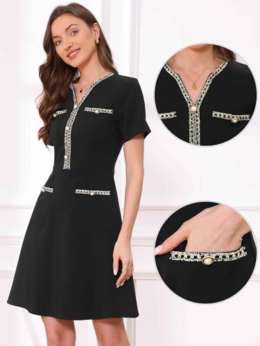 Allegra K Work Dress for Women's V Neck Short Sleeves Tweed Trim Dressy Office A-Line Dresses2