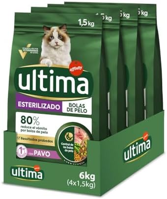 Ultima Esterilizado Bolas de pelo Pavo, Comida seca para gatos, Pack de 4 x 1,5kg, Total 6kg