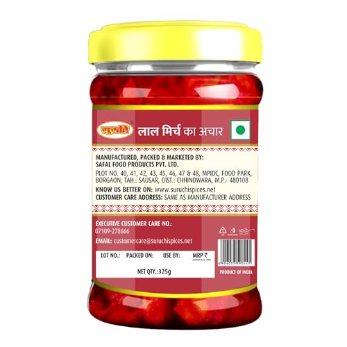 Image of Suruchi Red Chilli Pickle - 325g | Lal Mirchi Ka Achar | Chili Pickle | Ready to Eat Chilly Pickle | Authentic North Indian Flavour | Pure & Natural Ingredients (Pack of 1)