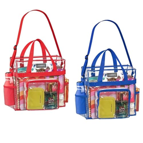 Masirs Stadium Approved Clear Tote Bag Set – Includes Red and Blue Bags – Transparent Bags with Mesh Pockets, Shoulder Straps, and Zippered Top – Perfect for Work, Concerts, Sports Games, and Travel –