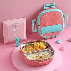 Stainless Steel Lunch Box for Kids - 500ML, Spoon Included, Stainless Steel Bento Insulated Lunch Box for Kids Toddler Girls, Eco Metal Portion Sections Leakproof Lid (Pink)