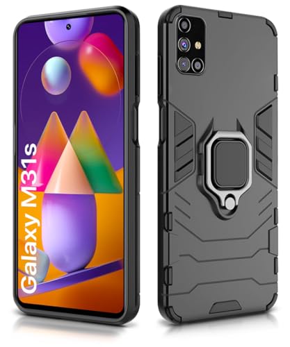 Image of WOW IMAGINE Shock Proof Back Case Mobile Cover for Samsung Galaxy M31s (Armor | Hybrid PC + TPU | Full Protection with Ring Holder Kickstand | Carbon Black)