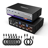 TESmart 8K@60Hz DP 2入力3出力 KVMスイッチ 3台モニター 2台コンピューター USB3.0 DisplayPort1.4 トリプルモニター KVM切替器 4K@120Hz/144Hz EDID機能 ギガビットネットワーク ホットキースイッチ ヘッドセットポート リモコン、入力ケーブル付き