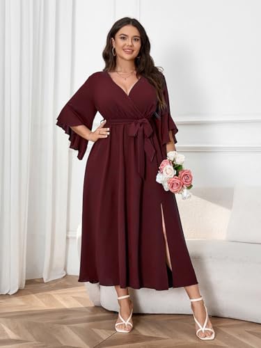 Womens Plus Size Dress Wedding Guest Cocktail Ruffle Half Sleeve Wrap V Neck Slit A Line Maxi Dresses with Belt2