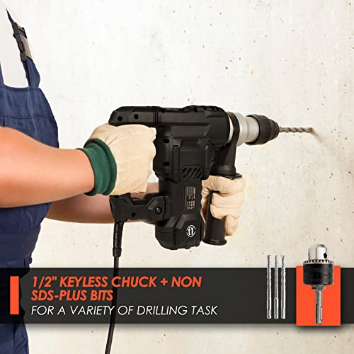 Thinkwork Rotary Hammer Drill, 1-1/4 Inch, 13 Amp, Heavy Duty Sds-Plus Demolition Hammer With 4 Functions Double Insulation Damping System Safety Clutch, For Concrete, Metal & Stone #TOP4