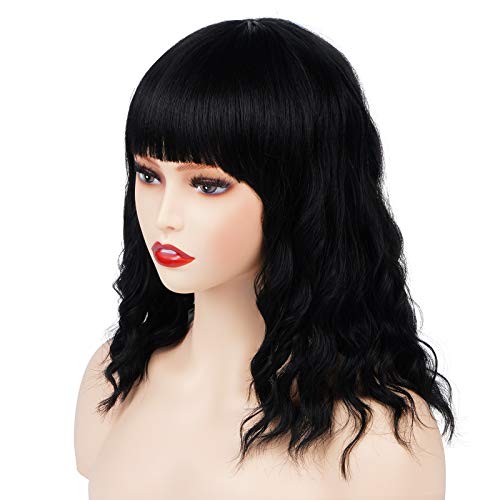 Short Wave Wig with Bangs Shoulder Length Wavy Wigs Pastel Wavy Wig Synthetic Curly Bob Wig with Rose Intranet Natural Looking Heat Resistant Fiber Hair for Women 14 Inch, Black