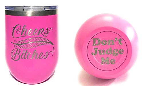 Insulated Wine Tumbler, Stemless Wine Tumbler, Laser Engraved, Funny, Cheers Bitches, Insulated, With Lid, Stainless Steel (Hot Pink)