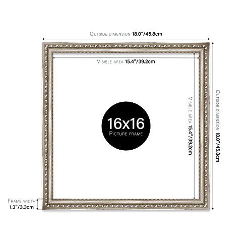 Almost Frameless 16x16 Silver Ornate Picture Frame 16"x16"(40.6x40.6cm) Poster, Photo, Artwork, or Print. Elegant Style Portrait and Landscape Display with Wall Hooks