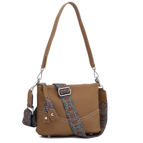 Image of Small Crossbody Purse for Women Genuine Leather Handbag with Colored Guitar Shoulder Strap Casual Satchel Hobo Bags (Brown)