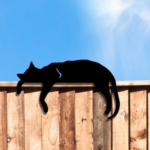 Sleeping Cat Fence Topper, Black Metal Silhouette, 21 x 36 cm, Weather-Resistant Lazy Cat Garden Decoration Art Gift
