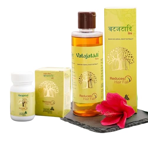 Image of Vatajatadi Hair Care Combo by Ayurved Pratishthan - 200ml Banyan Root Oil + 2 x 60 Vatajatadi Vati Tablets - Natural Anti-Hair Fall Solution - For All Hair Types - Pack of 3